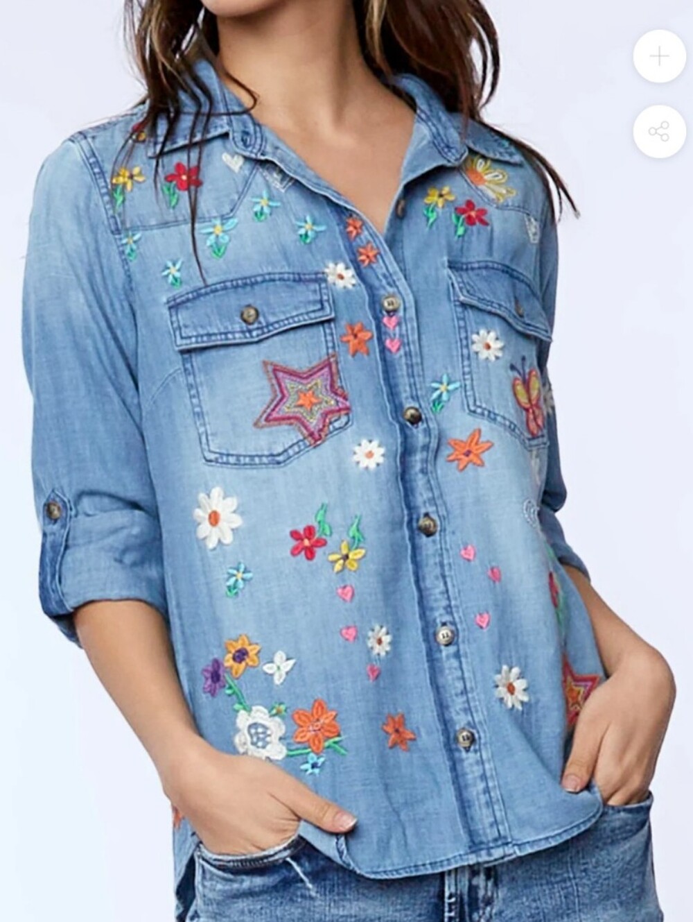 Billy T Colorful Embroidered Denim Long Sleeve Button-up, NWOT Size Medium